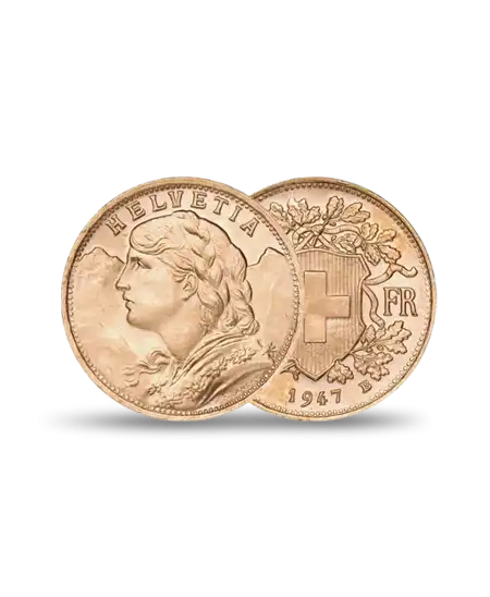 Moneda de 20 francos suizos, Cruz Suiza Vreneli de ORO disponible en VIRTU LUXURY