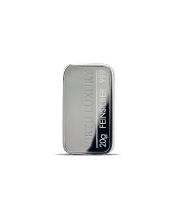 Lingote de plata pura 24K con un peso de 20 gramos disponible en VIRTU LUXURY