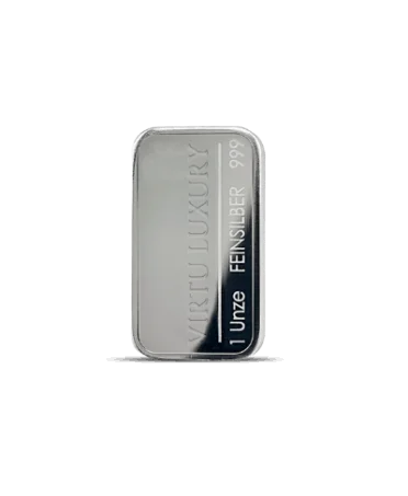 Lingote de plata pura 24K de un peso de 1 onza (31,10 gramos) disponible en VIRTU LUXURY