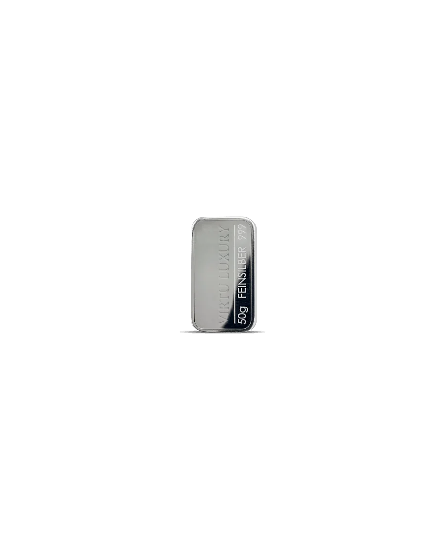 Lingot d'argent pur 24K d'un poids de 50 Grammes disponible chez VIRTU LUXURY Lingot d'argent pur 24K d'un poids de 50 Grammes disponible chez VIRTU LUXURY