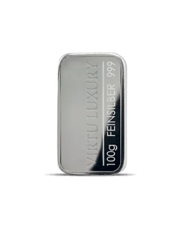 Lingote de plata pura 24K con un peso de 100 gramos disponible en VIRTU LUXURY