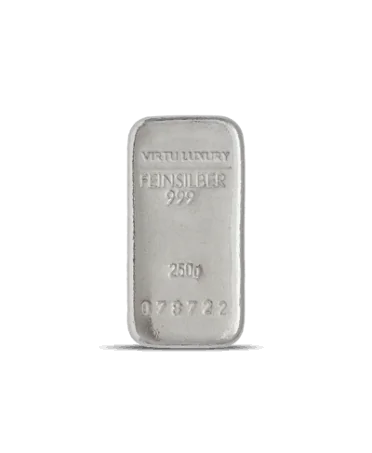 Lingote de plata pura 24K con un peso de 250 gramos disponible en VIRTU LUXURY