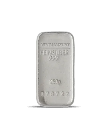 Lingote de plata pura 24K con un peso de 250 gramos disponible en VIRTU LUXURY
