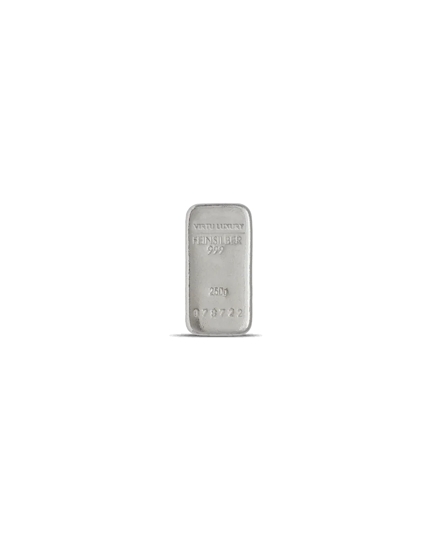 Lingote de plata pura 24K con un peso de 250 gramos disponible en VIRTU LUXURY Lingote de plata pura 24K con un peso de 250 gramos disponible en VIRTU LUXURY
