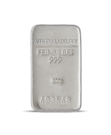 Lingote de plata pura 24K con un peso de 500 gramos disponible en VIRTU LUXURY