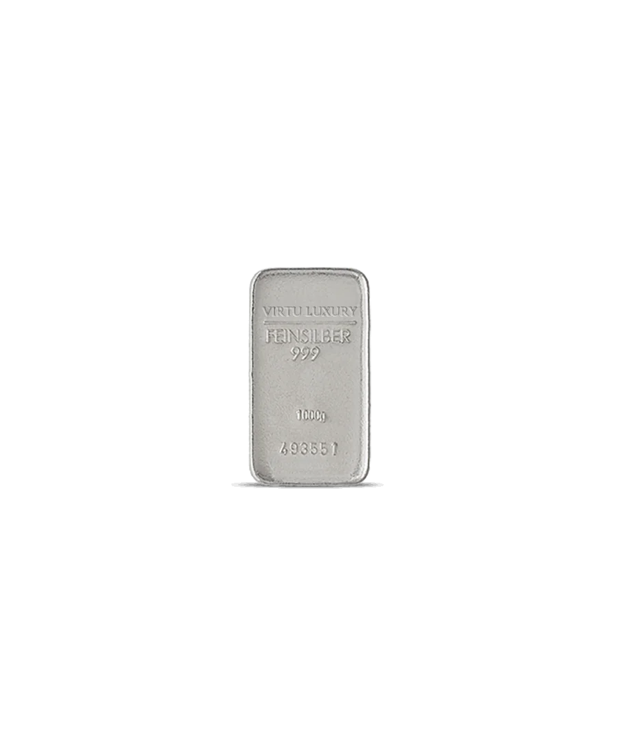 Lingote de plata pura 24K con un peso de 1 KG disponible en VIRTU LUXURY