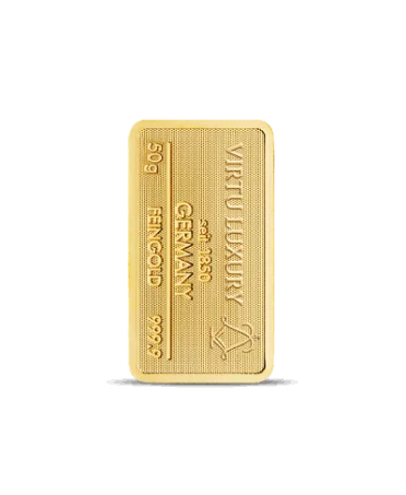 lingote de 50 gramos de oro puro de 24K a la venta disponible en VIRTU LUXURY