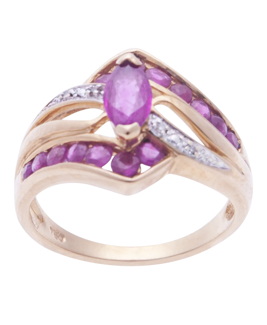 Anillo de oro amarillo de 18K con rubíes y diamantes, disponible en virtu luxury