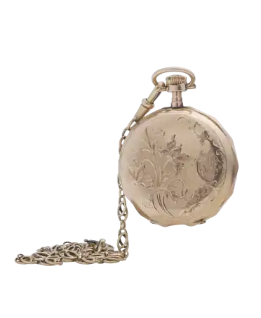 Reloj de bolsillo y cadena original con estilo floral. Disponible en VIRTU LUXURY.