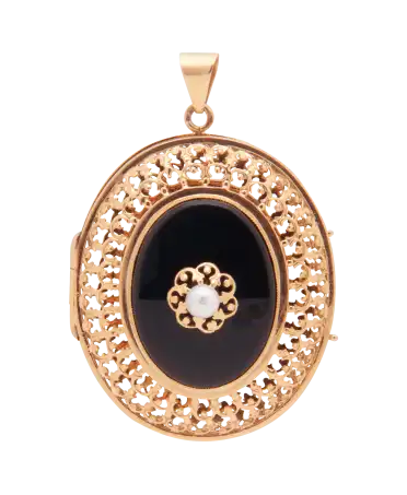joyas de oro - colgante medalla de oro con perla y ónix negro - disponible en joyería en VIRTU LUXURY