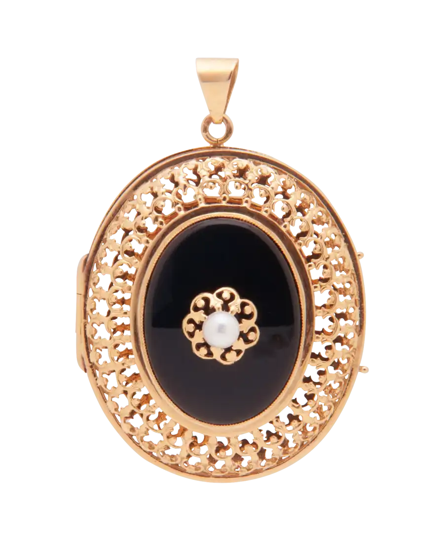 joyas de oro - colgante medalla de oro con perla y ónix negro - disponible en joyería en VIRTU LUXURY