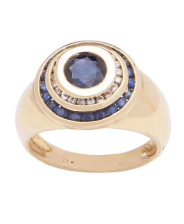Anillo de Boda Zafiros y Diamantes en Oro amarillo de 18 Quilates. Disponible en VIRTU LUXURY.