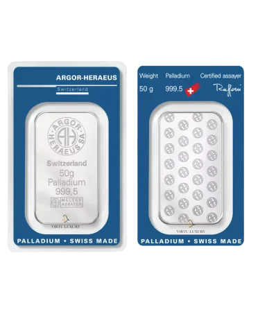 lingotin 50 grammes en PALLADIUM PUR sous blister sécurisé disponible chez VIRTU LUXURY