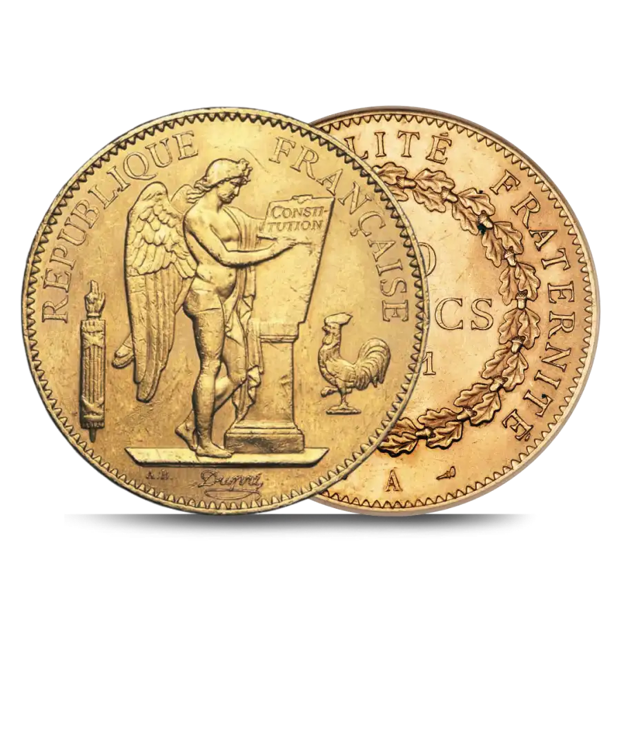 Anverso y reverso de la moneda de oro de 100 francos de oro disponible en VIRTU LUXURY
