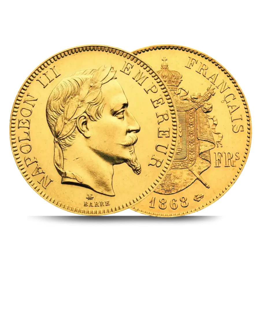 Anverso y Reverso de la moneda de oro de 100 Francos de Oro NAPOLEÓN III CABEZA LAUREADA disponible en VIRTU LUXURY Anverso y Reverso de la moneda de oro de 100 Francos de Oro NAPOLEÓN III CABEZA LAUREADA disponible en VIRTU LUXURY