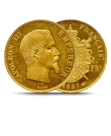 Anverso y reverso de la moneda de oro de 100 francos oro NAPOLEÓN III CABEZA NO LAUREADA disponible en VIRTU LUXURY