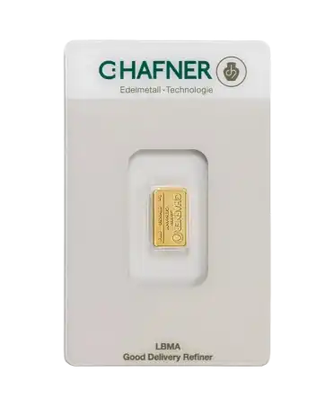anverso del lingote acuñado de 1 gramo de C. HAFNER de oro puro de 24K a la venta disponible en VIRTU LUXURY