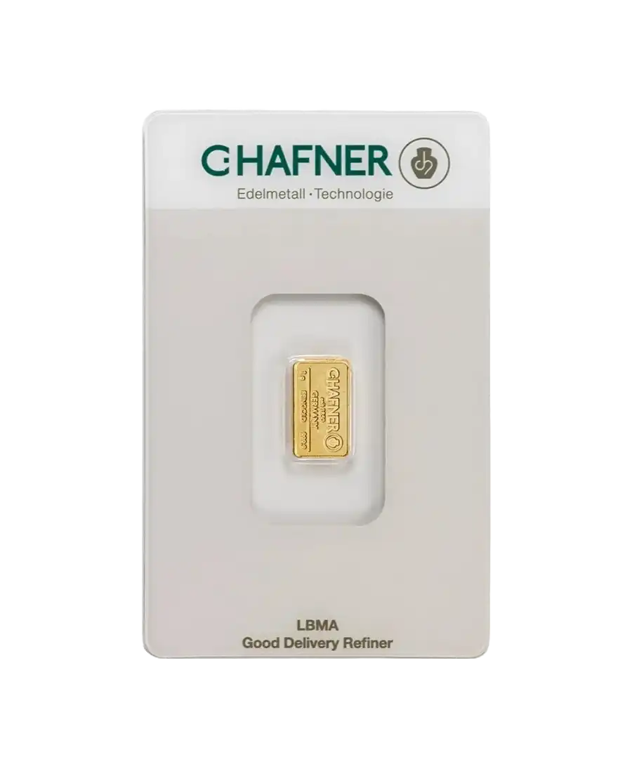 anverso del lingote acuñado de 1 gramo de C. HAFNER de oro puro de 24K a la venta disponible en VIRTU LUXURY anverso del lingote acuñado de 1 gramo de C. HAFNER de oro puro de 24K a la venta disponible en VIRTU LUXURY
