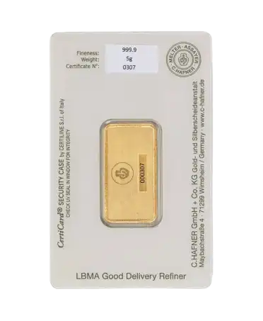 reverso del lingote de 5 gramos de C. HAFNER de oro puro de 24K a la venta disponible en VIRTU LUXURY