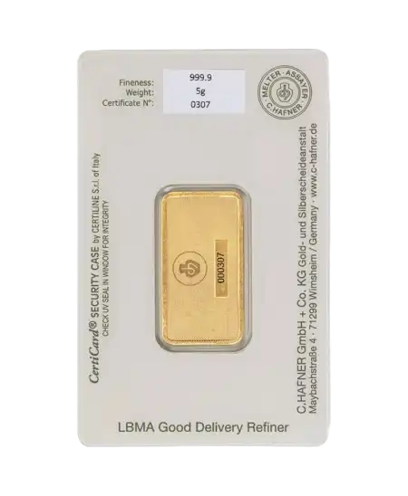 reverso del lingote de 5 gramos de C. HAFNER de oro puro de 24K a la venta disponible en VIRTU LUXURY
