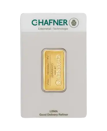 anverso del lingote de 5 gramos de C. HAFNER de oro puro de 24K a la venta disponible en VIRTU LUXURY