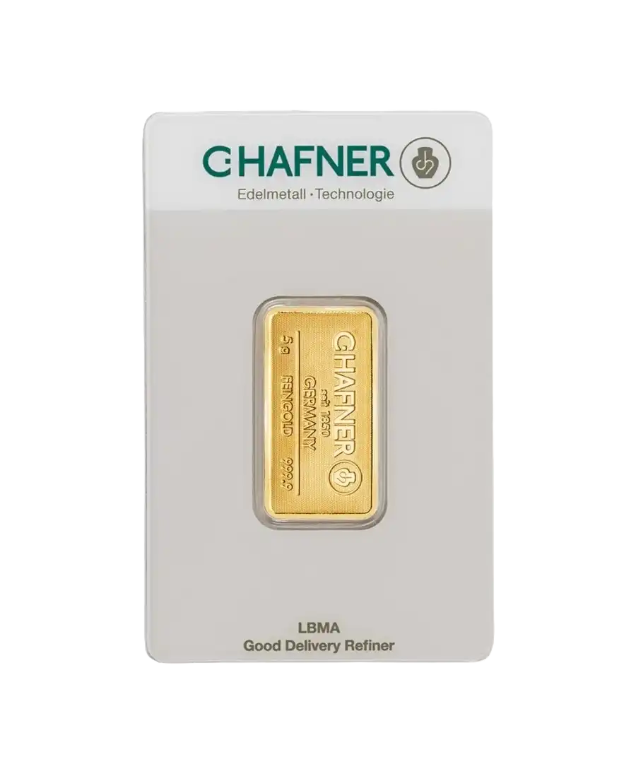 anverso del lingote de 5 gramos de C. HAFNER de oro puro de 24K a la venta disponible en VIRTU LUXURY