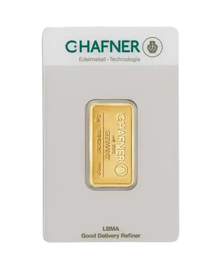 anverso del lingote de 5 gramos de C. HAFNER de oro puro de 24K a la venta disponible en VIRTU LUXURY