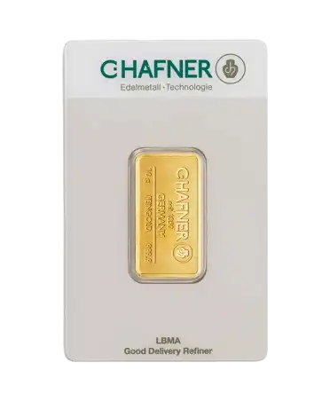 anverso del lingote acuñado de 10 gramos de C. HAFNER de oro puro de 24K reciclado a la venta disponible en VIRTU LUXURY