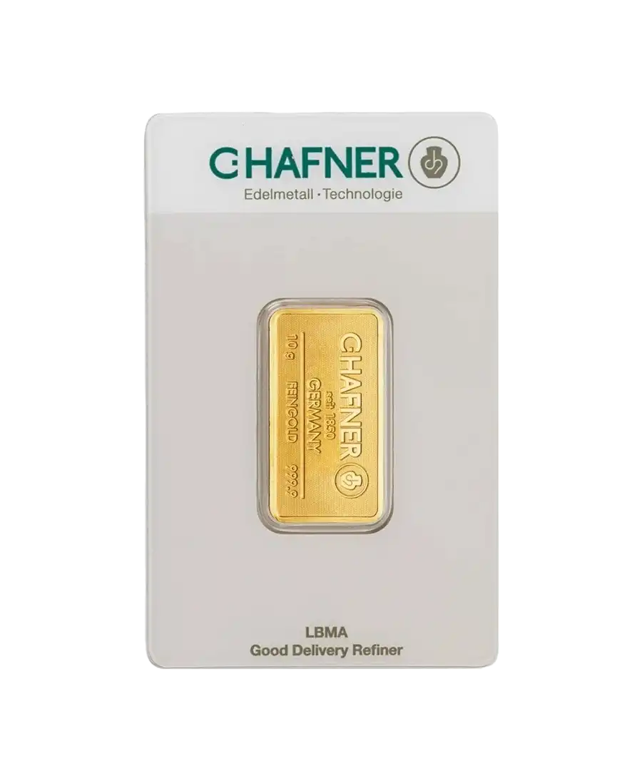 anverso del lingote acuñado de 10 gramos de C. HAFNER de oro puro de 24K reciclado a la venta disponible en VIRTU LUXURY
