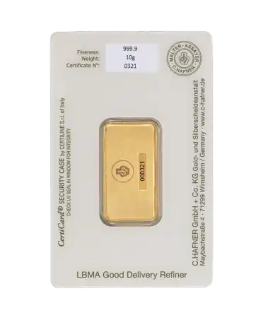reverso del lingote de 10 gramos de C. HAFNER de oro puro de 24K a la venta disponible en VIRTU LUXURY