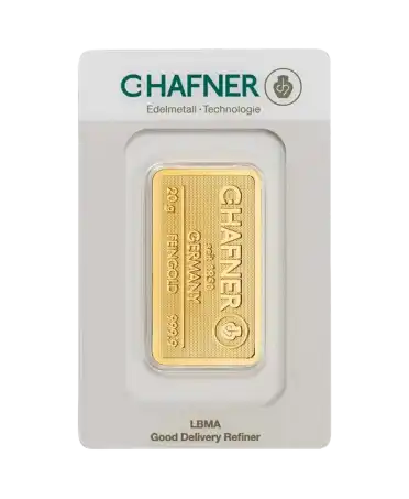 anverso del lingote estampado de 20 gramos de C. HAFNER de oro puro de 24K a la venta disponible en VIRTU LUXURY