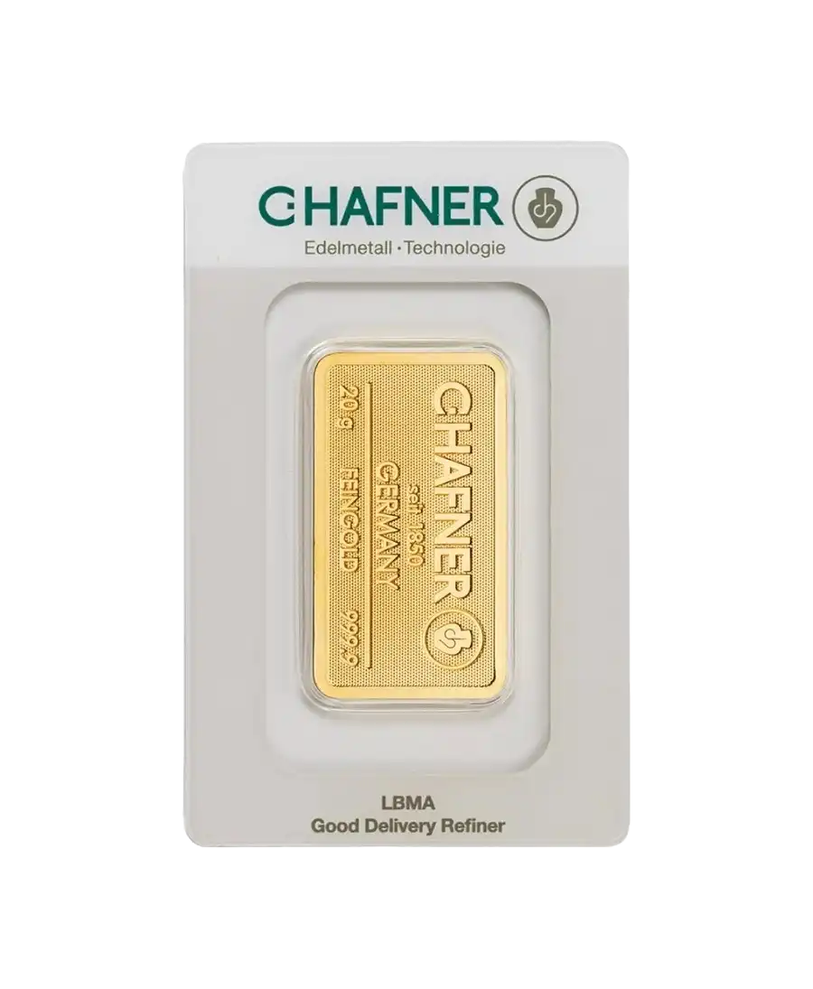 anverso del lingote estampado de 20 gramos de C. HAFNER de oro puro de 24K a la venta disponible en VIRTU LUXURY anverso del lingote estampado de 20 gramos de C. HAFNER de oro puro de 24K a la venta disponible en VIRTU LUXURY