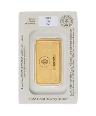 reverso del lingote acuñado de 10 gramos de C. HAFNER de oro puro de 24K a la venta disponible en VIRTU LUXURY