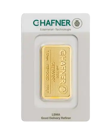 anverso del lingote de 1 onza de C. HAFNER de oro puro 24K en venta disponible en VIRTU LUXURY
