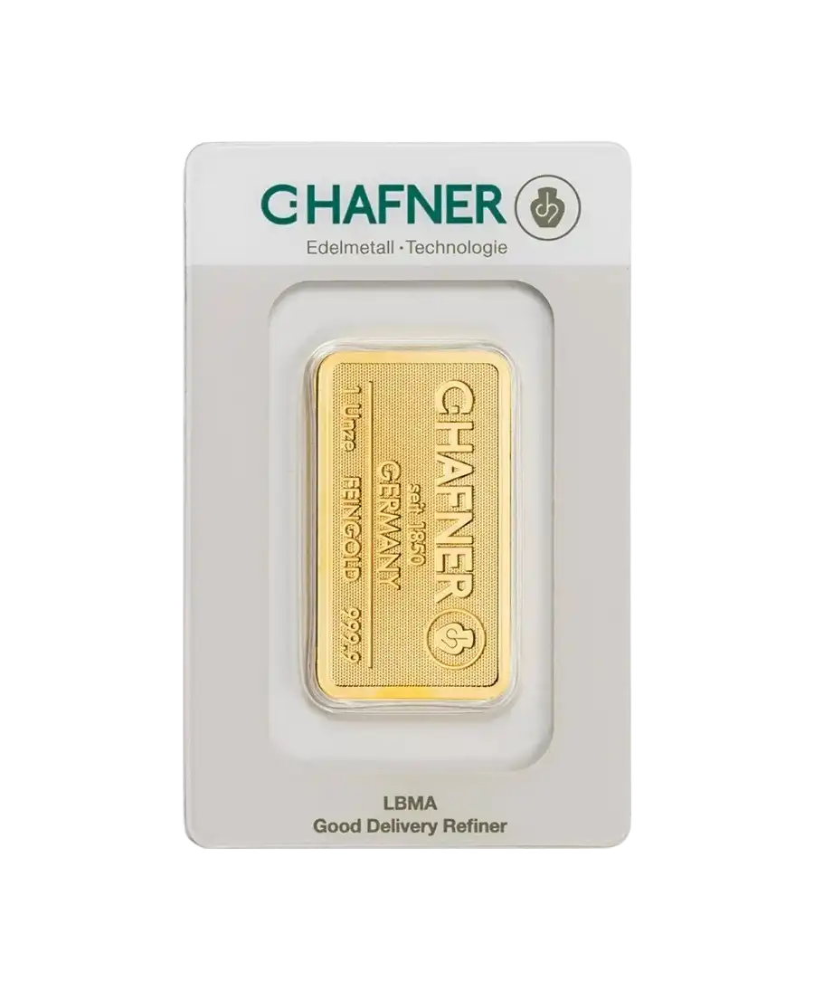 anverso del lingote de 1 onza de C. HAFNER de oro puro 24K en venta disponible en VIRTU LUXURY anverso del lingote de 1 onza de C. HAFNER de oro puro 24K en venta disponible en VIRTU LUXURY