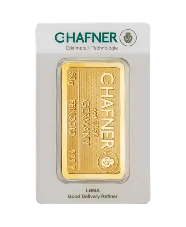 anverso del lingote estampado de 50 Gramos de C. HAFNER de oro puro 24K en venta disponible en VIRTU LUXURY