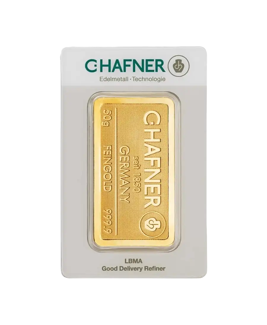 anverso del lingote estampado de 50 Gramos de C. HAFNER de oro puro 24K en venta disponible en VIRTU LUXURY