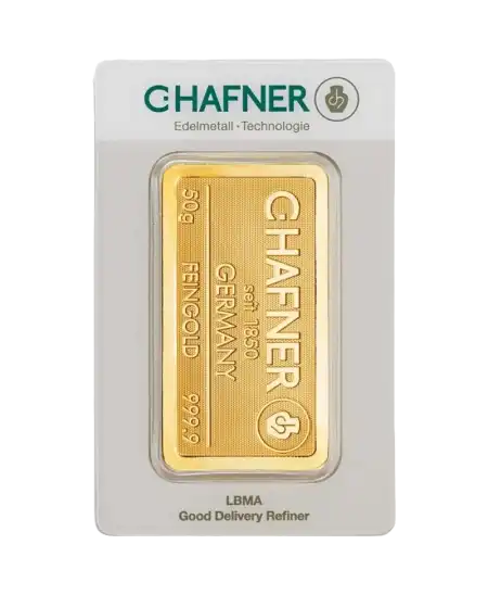 anverso del lingote estampado de 50 Gramos de C. HAFNER de oro puro 24K en venta disponible en VIRTU LUXURY
