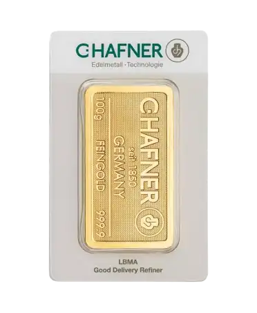 anverso del lingote de 100 gramos de C. HAFNER de oro puro de 24K a la venta disponible en VIRTU LUXURY