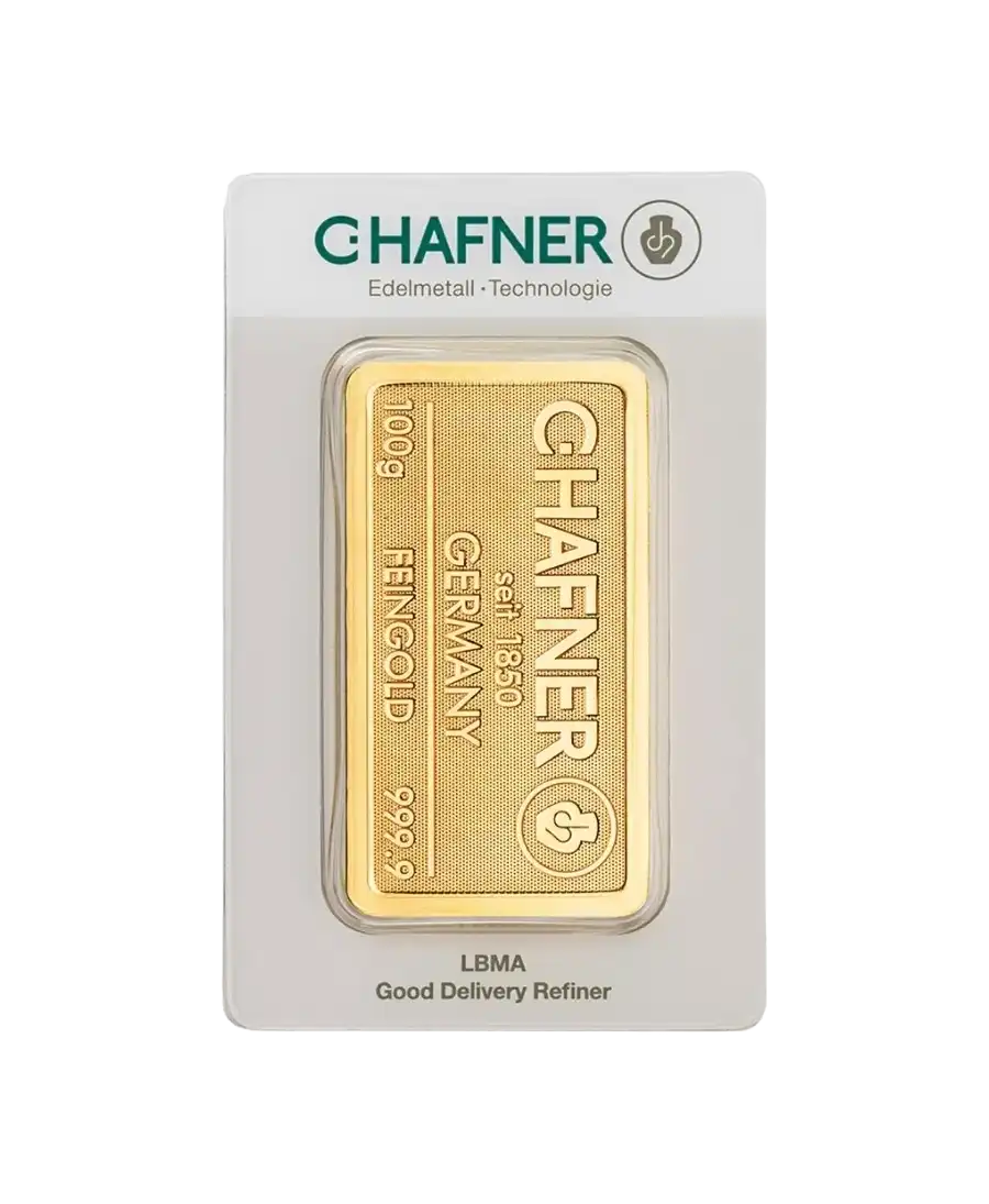 anverso del lingote de 100 gramos de C. HAFNER de oro puro de 24K a la venta disponible en VIRTU LUXURY