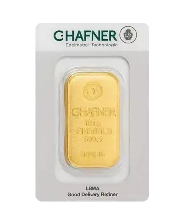 anverso del lingote fundido de 100 gramos de C. HAFNER de oro puro de 24K a la venta disponible en VIRTU LUXURY