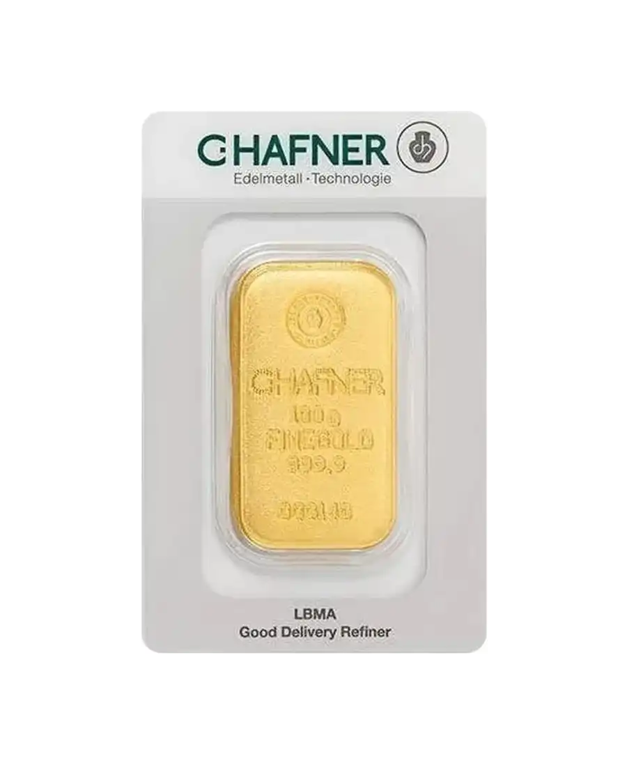 avant du lingot coulé de 100 Grammes coulé de C. HAFNER d'or pur 24K en vente disponible chez VIRTU LUXURY avant du lingot coulé de 100 Grammes coulé de C. HAFNER d'or pur 24K en vente disponible chez VIRTU LUXURY
