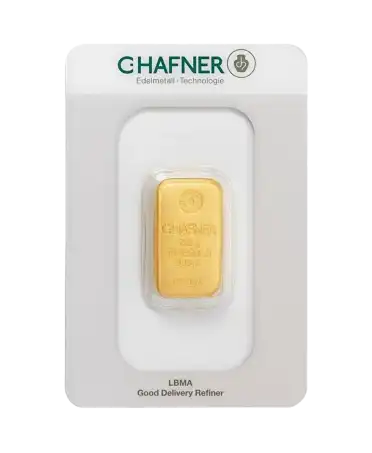 anverso del lingote fundido de 250 gramos de C. HAFNER de oro fundido puro de 24K a la venta disponible en VIRTU LUXURY