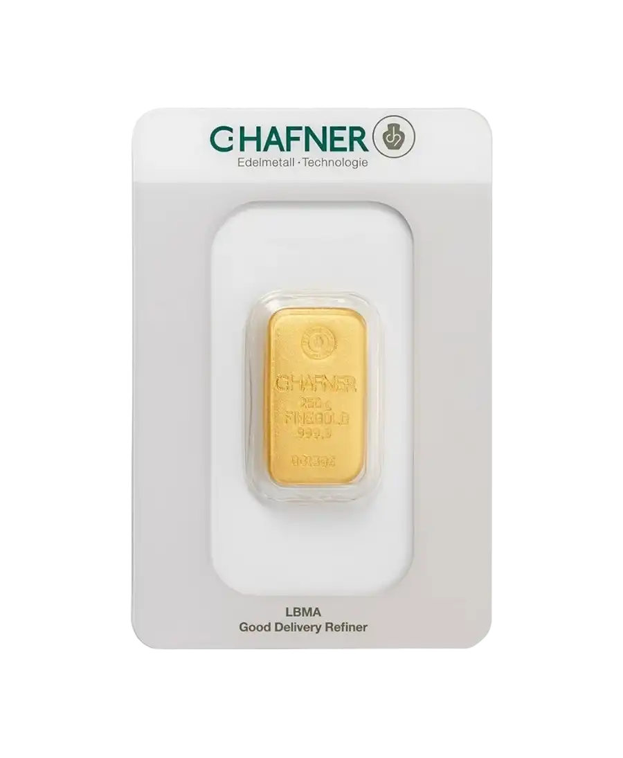 anverso del lingote fundido de 250 gramos de C. HAFNER de oro fundido puro de 24K a la venta disponible en VIRTU LUXURY