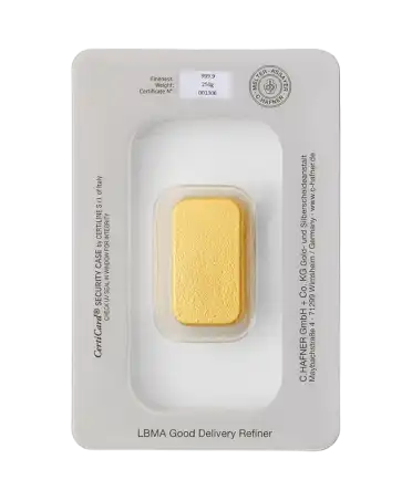 reverso del lingote fundido de 250 gramos de C. HAFNER de oro puro de 24K reciclado y fundido a la venta disponible en VIRTU LUXURY