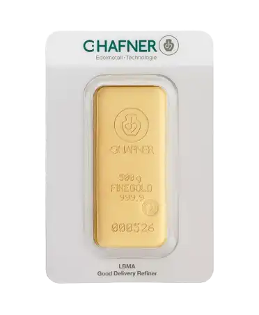 anverso del lingote fundido de 500 gramos de C. HAFNER de oro puro de 24K reciclado a la venta disponible en VIRTU LUXURY