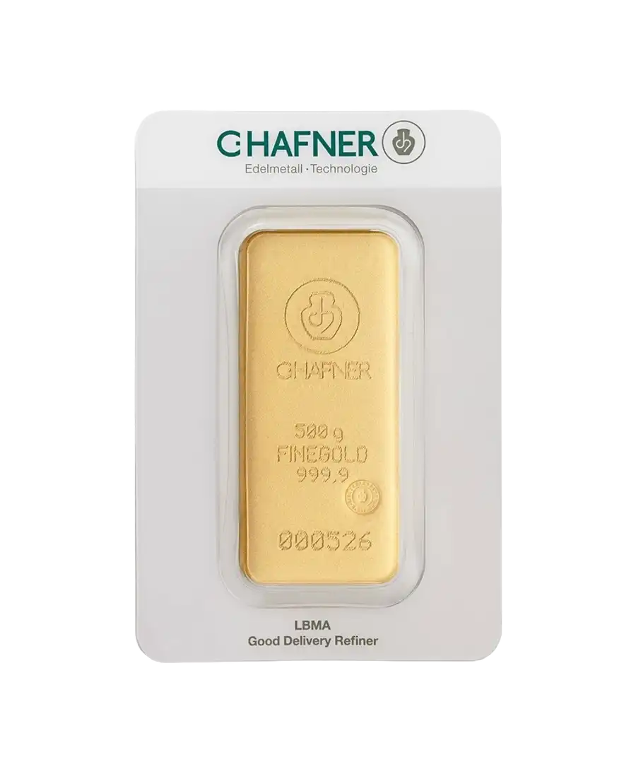 anverso del lingote fundido de 500 gramos de C. HAFNER de oro puro de 24K reciclado a la venta disponible en VIRTU LUXURY anverso del lingote fundido de 500 gramos de C. HAFNER de oro puro de 24K reciclado a la venta disponible en VIRTU LUXURY