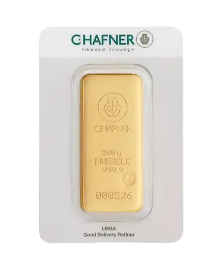anverso del lingote fundido de 500 gramos de C. HAFNER de oro puro de 24K reciclado a la venta disponible en VIRTU LUXURY