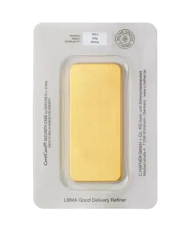 arrière du lingot coulé de 500 Grammes de C. HAFNER d'or pur 24K recyclé en vente disponible chez VIRTU LUXURY