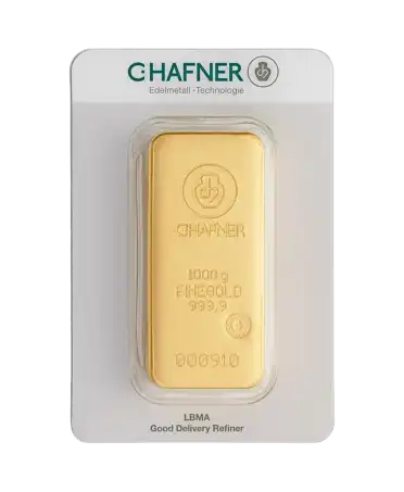 anverso del lingote fundido de 1 Kilo gramos de C. HAFNER de oro puro 24K reciclado en venta disponible en VIRTU LUXURY